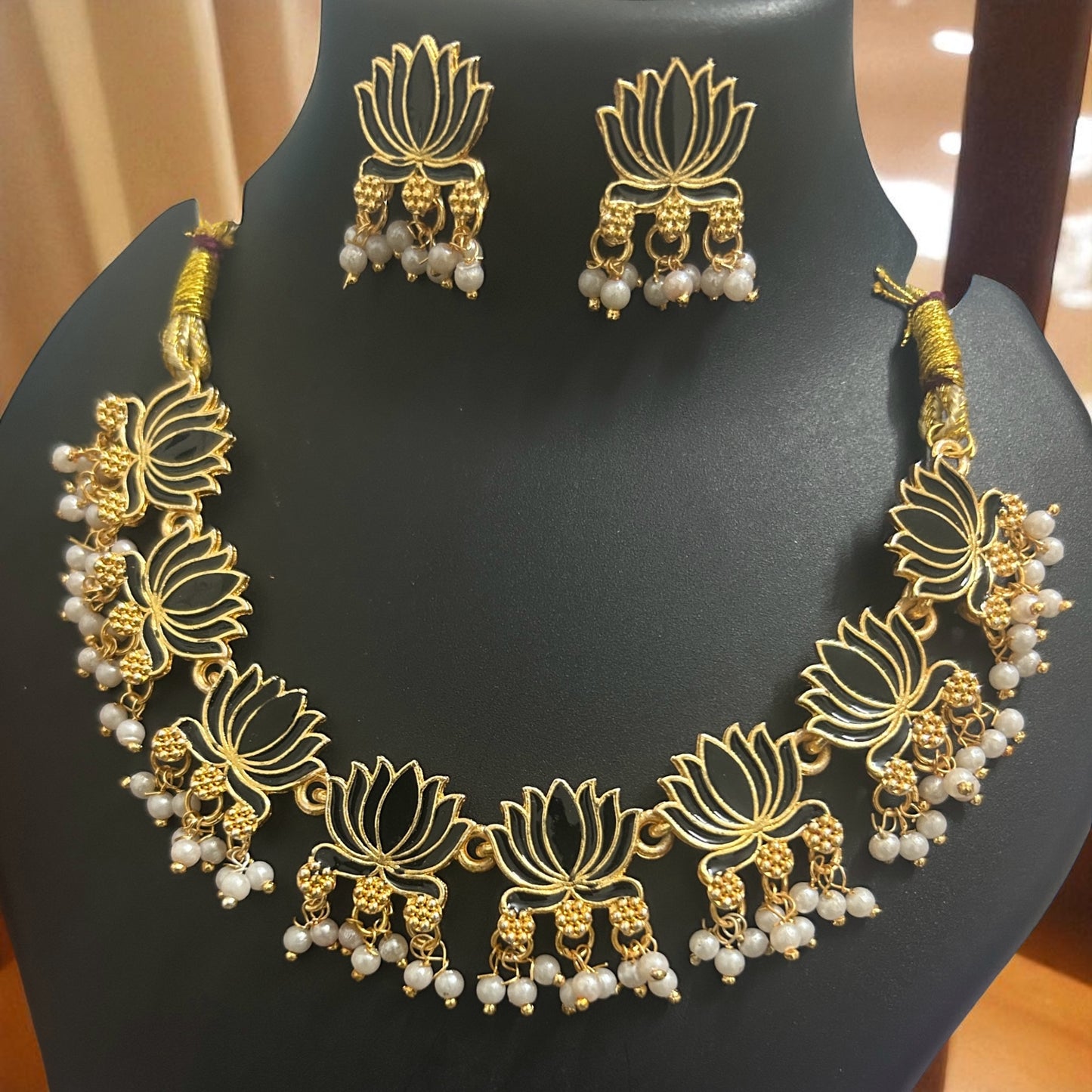 Lotus with Pearls Necklace and Earring Set (Type 2)