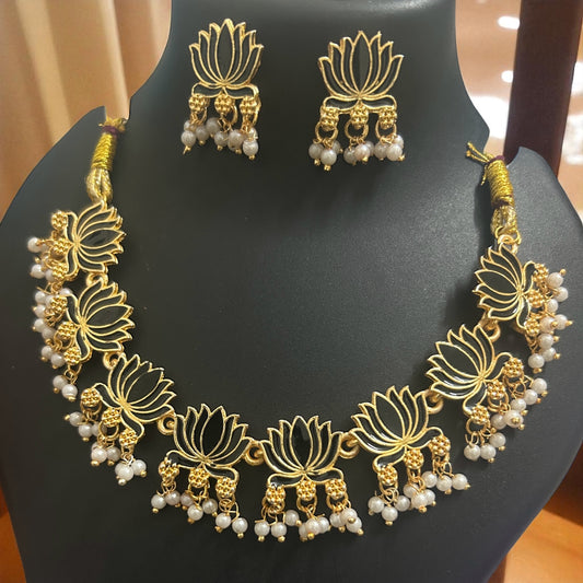 Lotus with Pearls Necklace and Earring Set (Type 2)