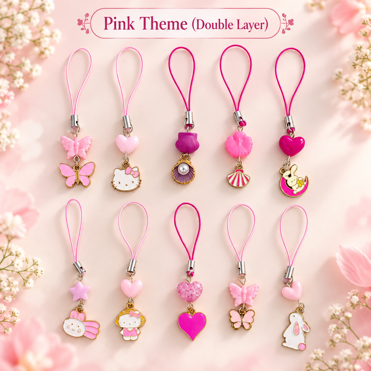 Mixed Pink Theme Phone Charms - Double Layer