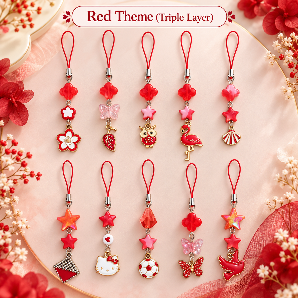 Mixed Red Theme Phone Charms - Triple Layer