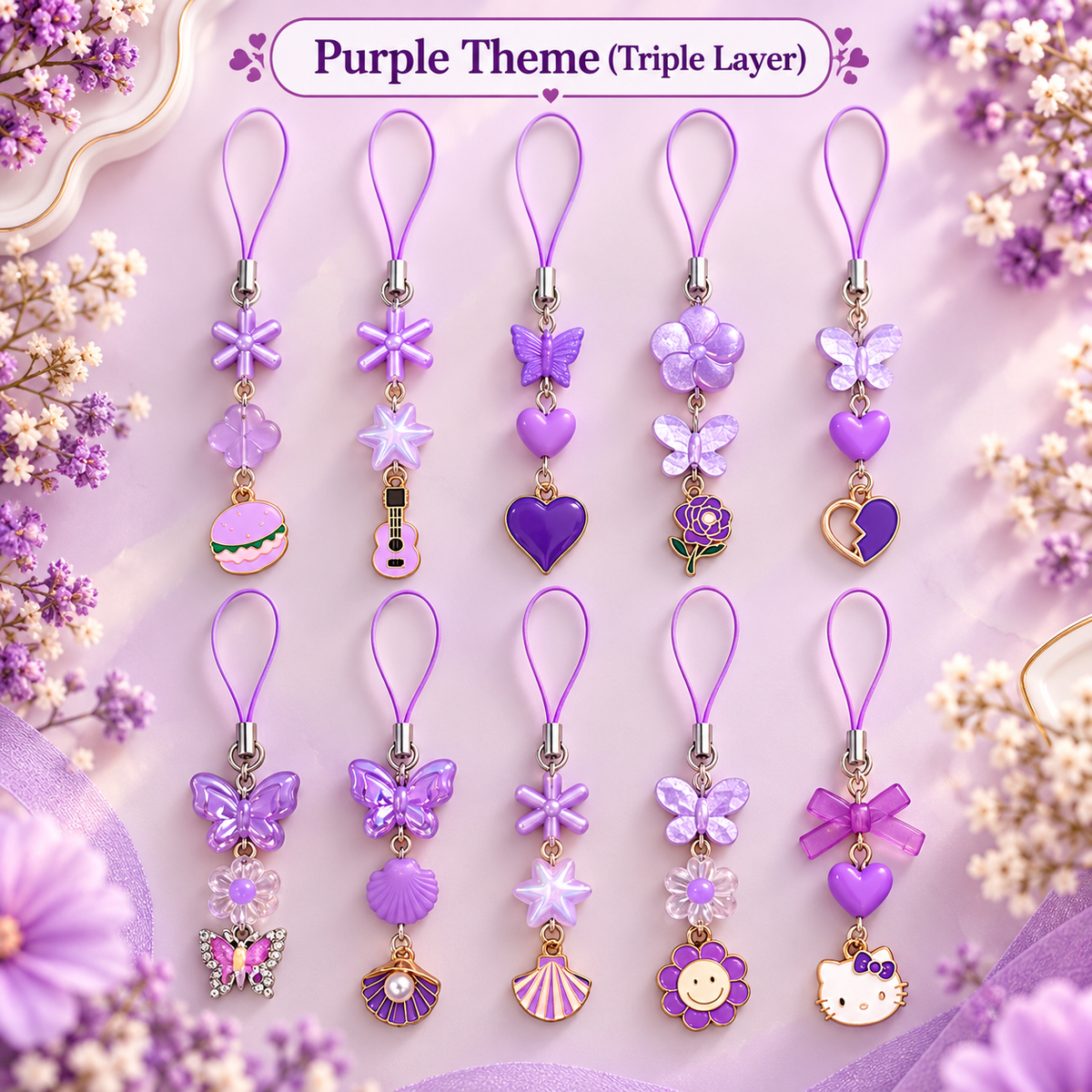 Mixed Purple Theme Phone Charms - Triple Layer
