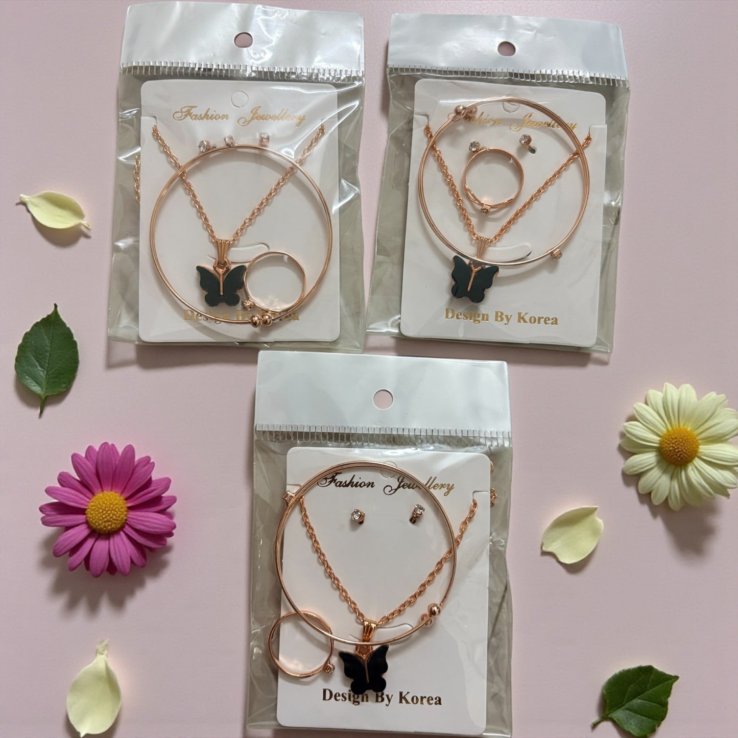 Rose Gold Butterfly Necklace, Earrings, Ring & Adjustable Bracelet Combo (Pack of 3)