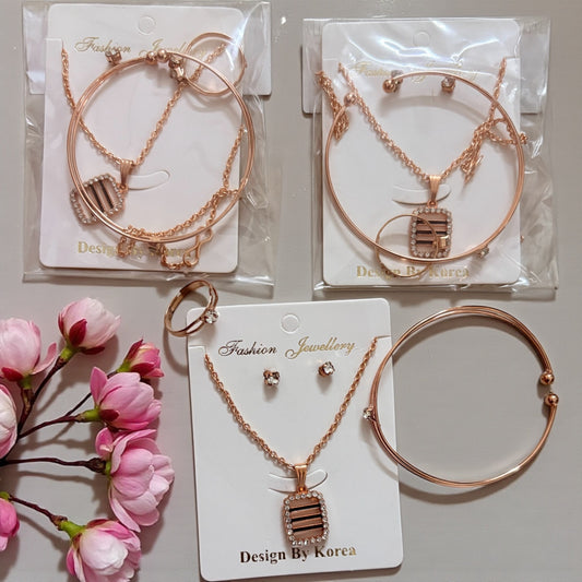 Rose Gold Chain Necklace, Earrings, Ring & Adjustable Bracelet Combo (Pack of 3)