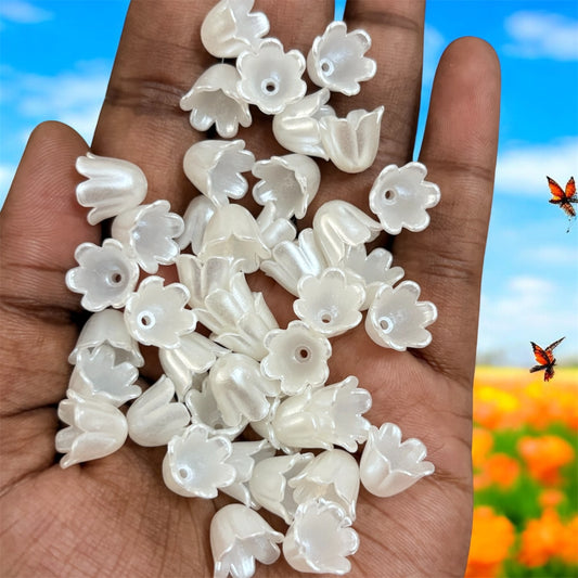 Premium Acrylic White Pearl Flower Caps - Pack Of 10gms