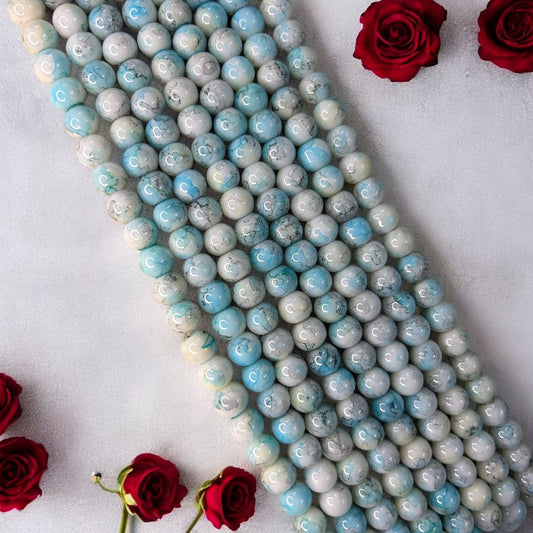 Printed Glass Beads 8mm - Light Blue & White
