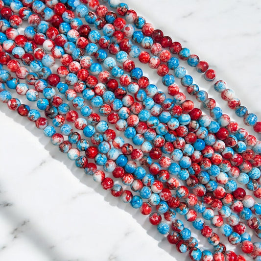 Printed Glass Beads 8mm - Red & Blue