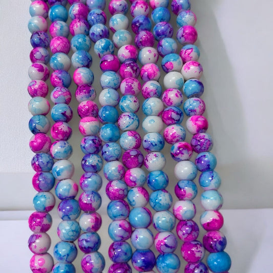 Printed Marble Beads 8mm - Dark Pink & Blue