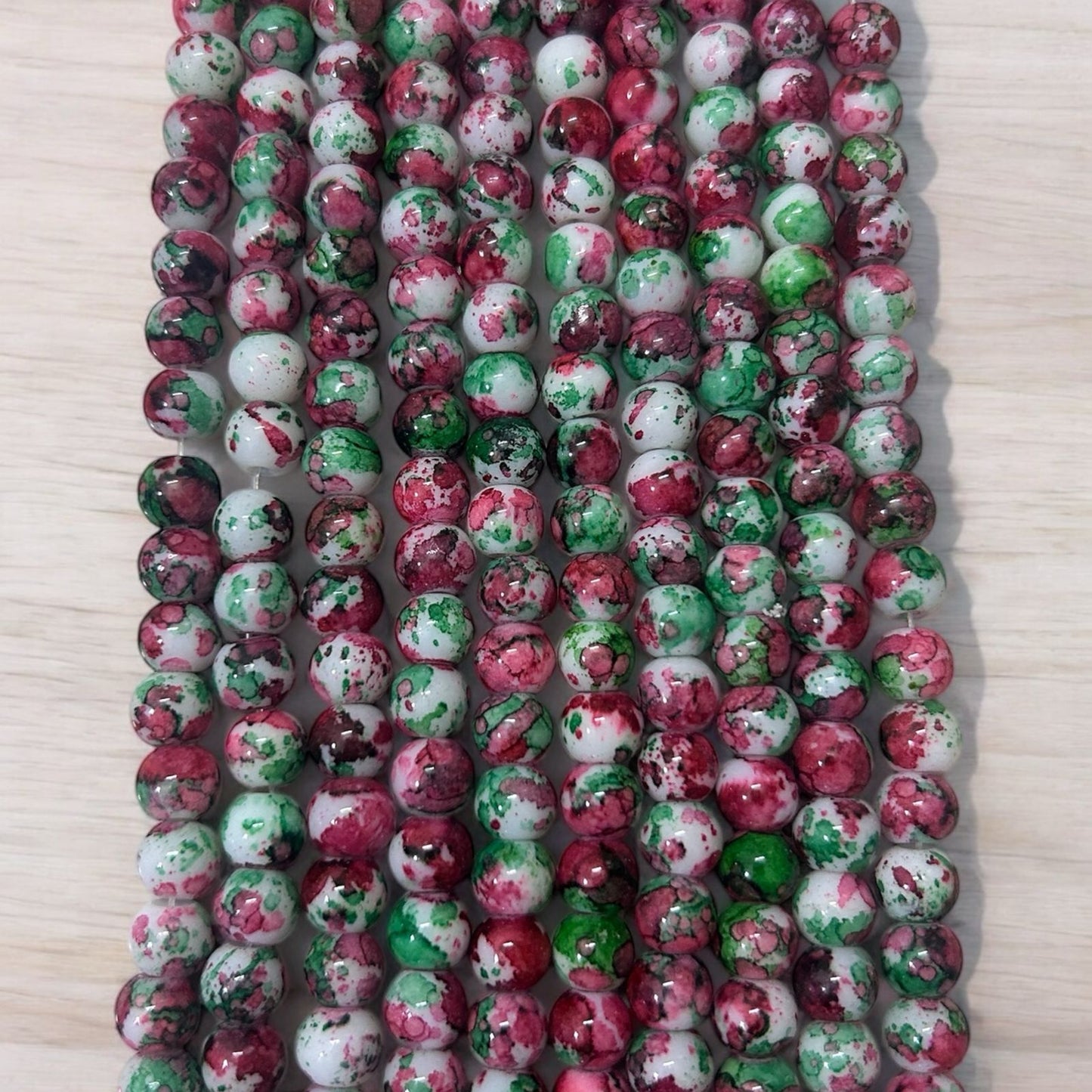 Printed Marble Beads 8mm - Red & Green