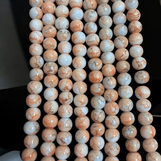 Printed Glass Beads 8mm - Tan & White