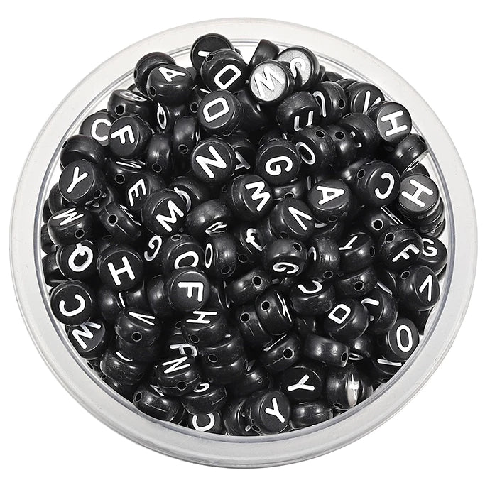 Black Round Alphabet Beads (Mixed) - 50gms