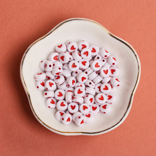 Round Acrylic Beads with Red Heart (Pack of 20gms)