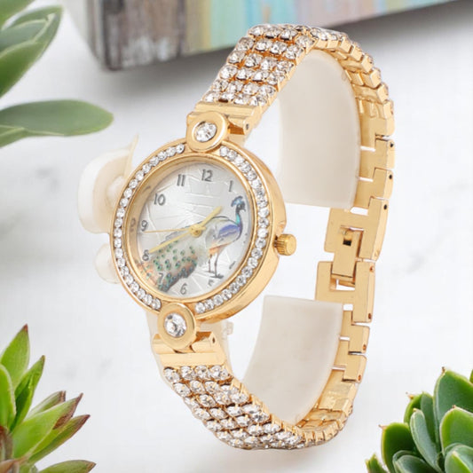 Women's Luxury Stone Chain Watch – Peacock Print Dial