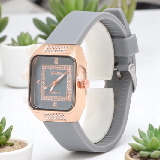 Premium Rectangle Stone Dial Analog Watch for Women - Grey