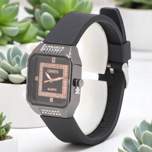 Premium Rectangle Stone Dial Analog Watch for Women - Black
