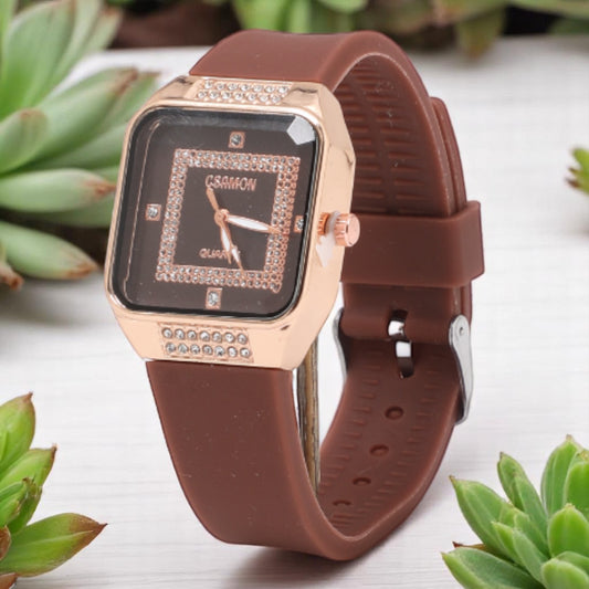 Premium Rectangle Stone Dial Analog Watch for Women - Brown