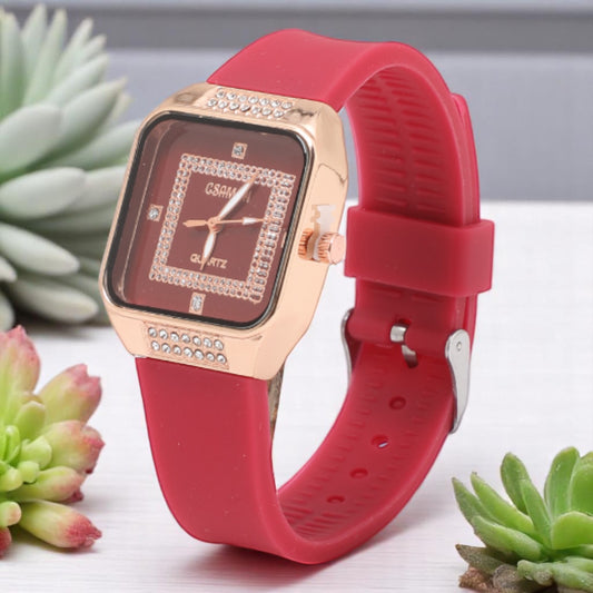 Premium Rectangle Stone Dial Analog Watch for Women - Red
