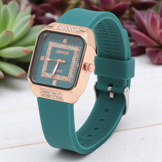 Premium Rectangle Stone Dial Analog Watch for Women - Green