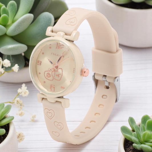 Couple Heart Printed Dial Analog Watch for Women - Beige
