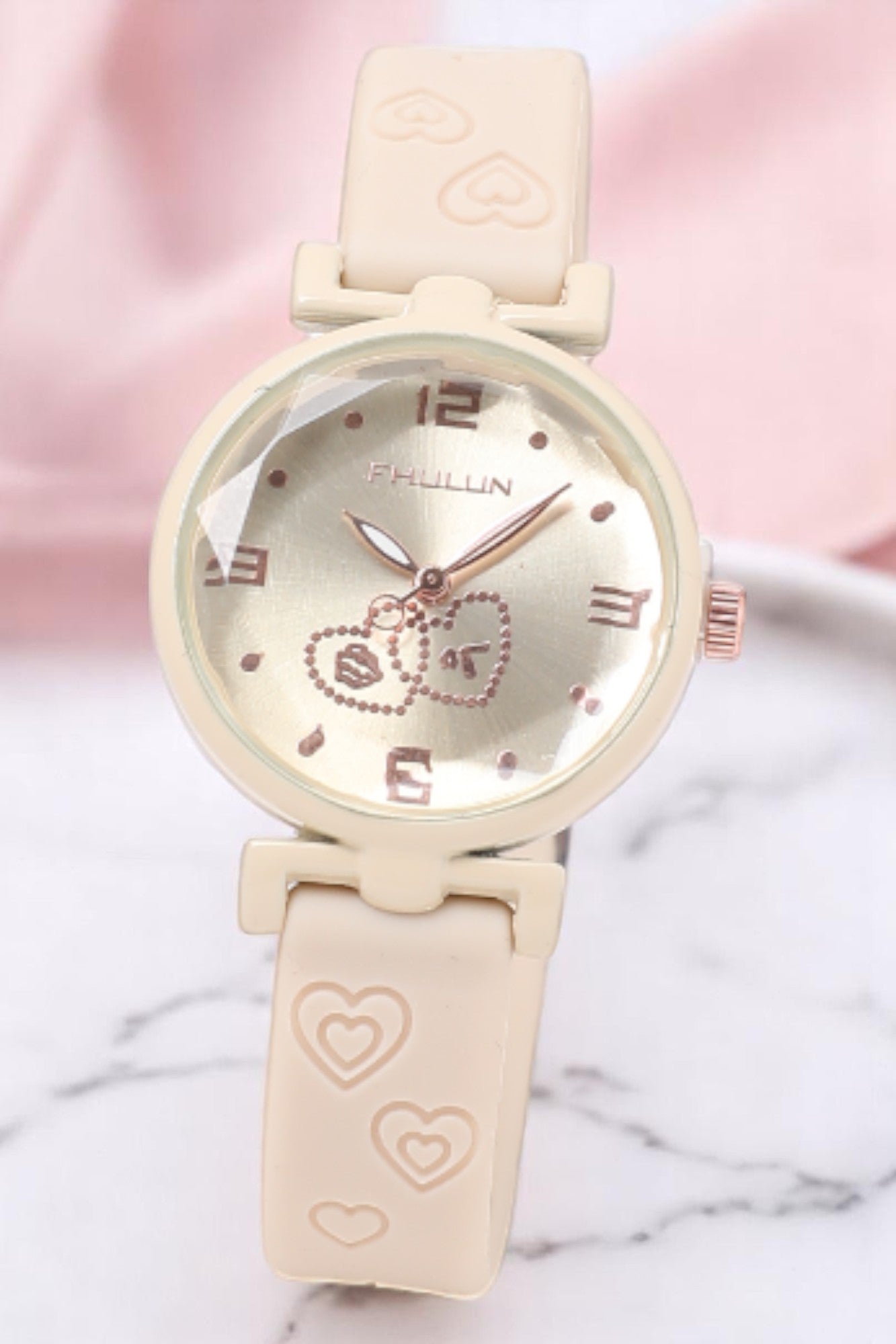Couple Heart Printed Dial Analog Watch for Women - Beige