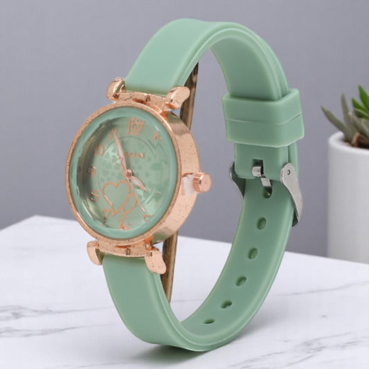 Couple Heart Printed Dial Analog Watch for Women - Pastel Green