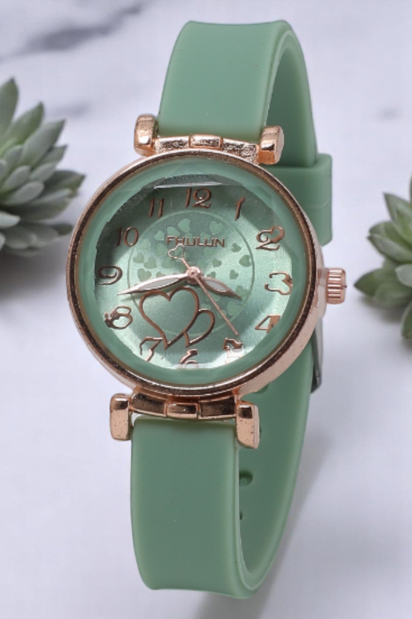 Couple Heart Printed Dial Analog Watch for Women - Pastel Green