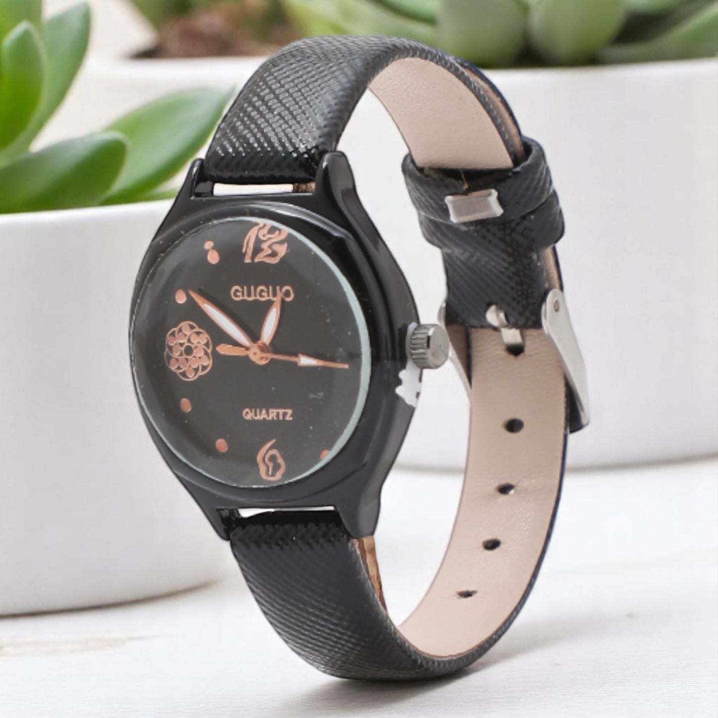Flower Printed Dial Analog Watch with Black Strap