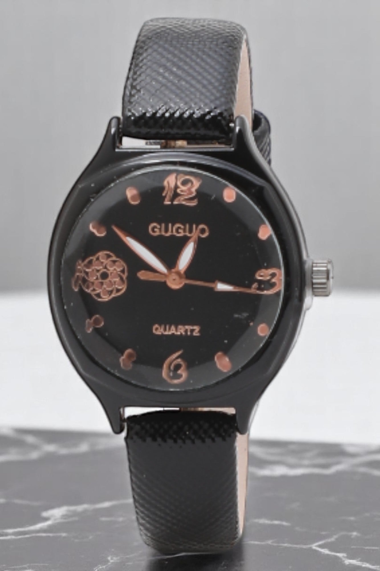 Flower Printed Dial Analog Watch with Black Strap
