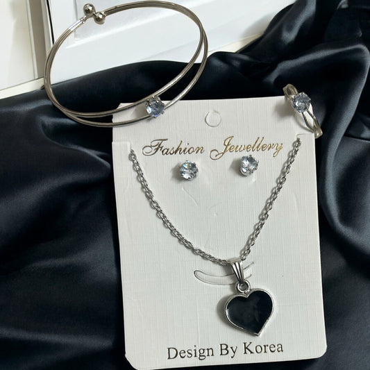 Silver Plated AD Stone Heart Pendant Chain Necklace, Earrings Set & Adjustable Bracelet Combo (Copy)