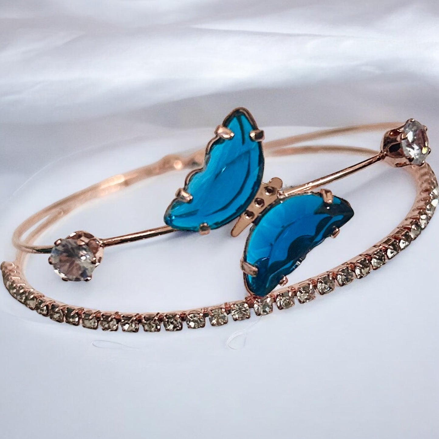 Multicolor Rose Gold Finish Stone Butterfly Free Size Bracelet