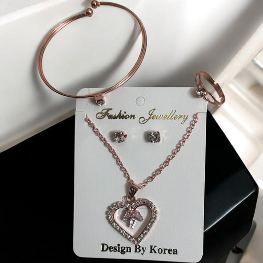 Rose Gold Plated AD Stone Heart Pendant Chain Necklace, Earrings Set & Adjustable Bracelet Combo
